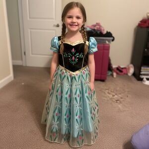 Disney Frozen Anna Coronation Gown Costume Girls Blue Black Gold Dress Halloween